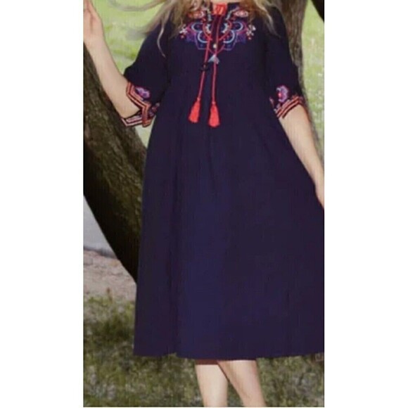 shineflow Dresses & Skirts - Shineflow cotton embroidered dress navy blue One Size